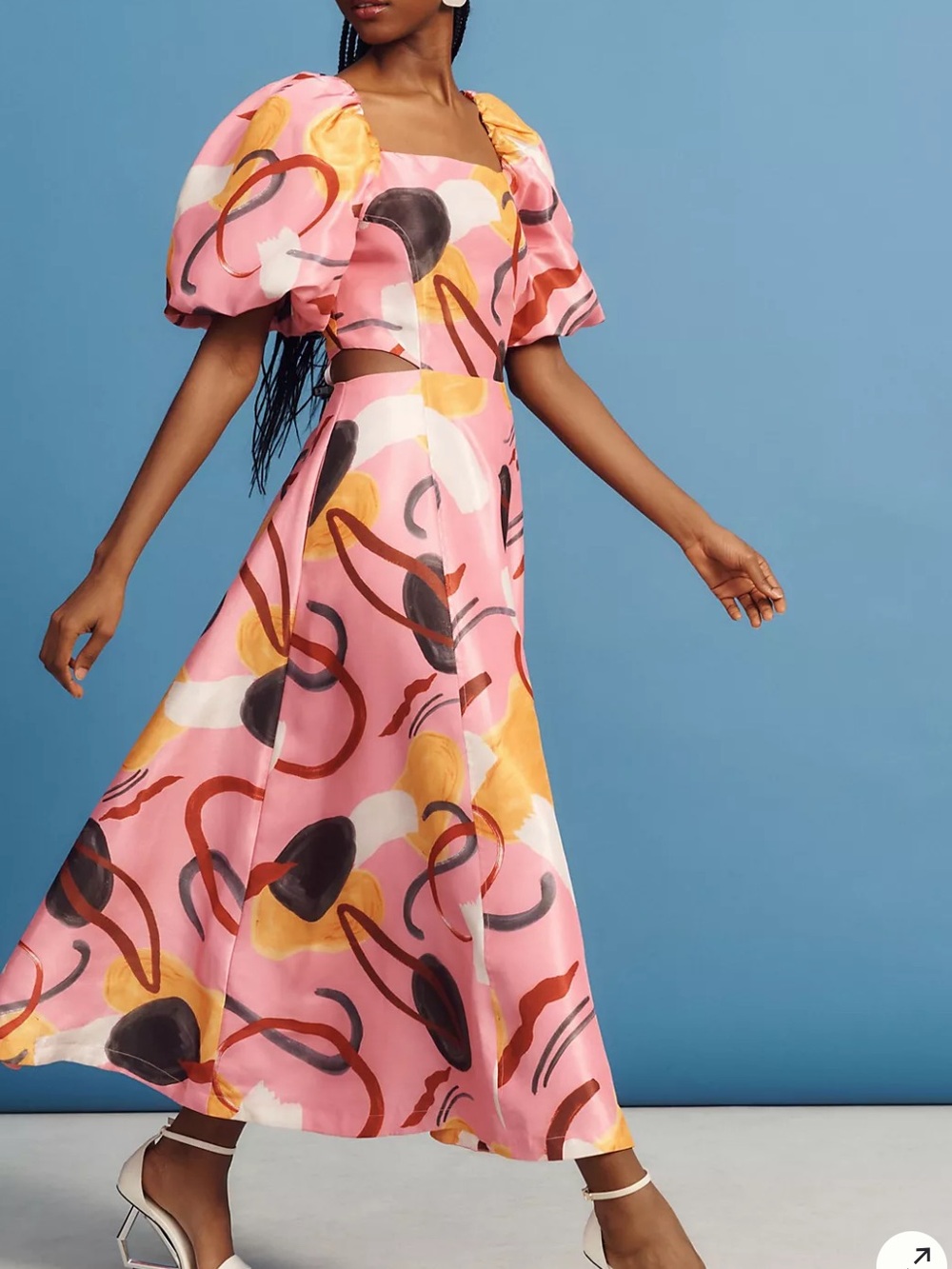 Pink Abstract Print Puff-Sleeve Midi Dress